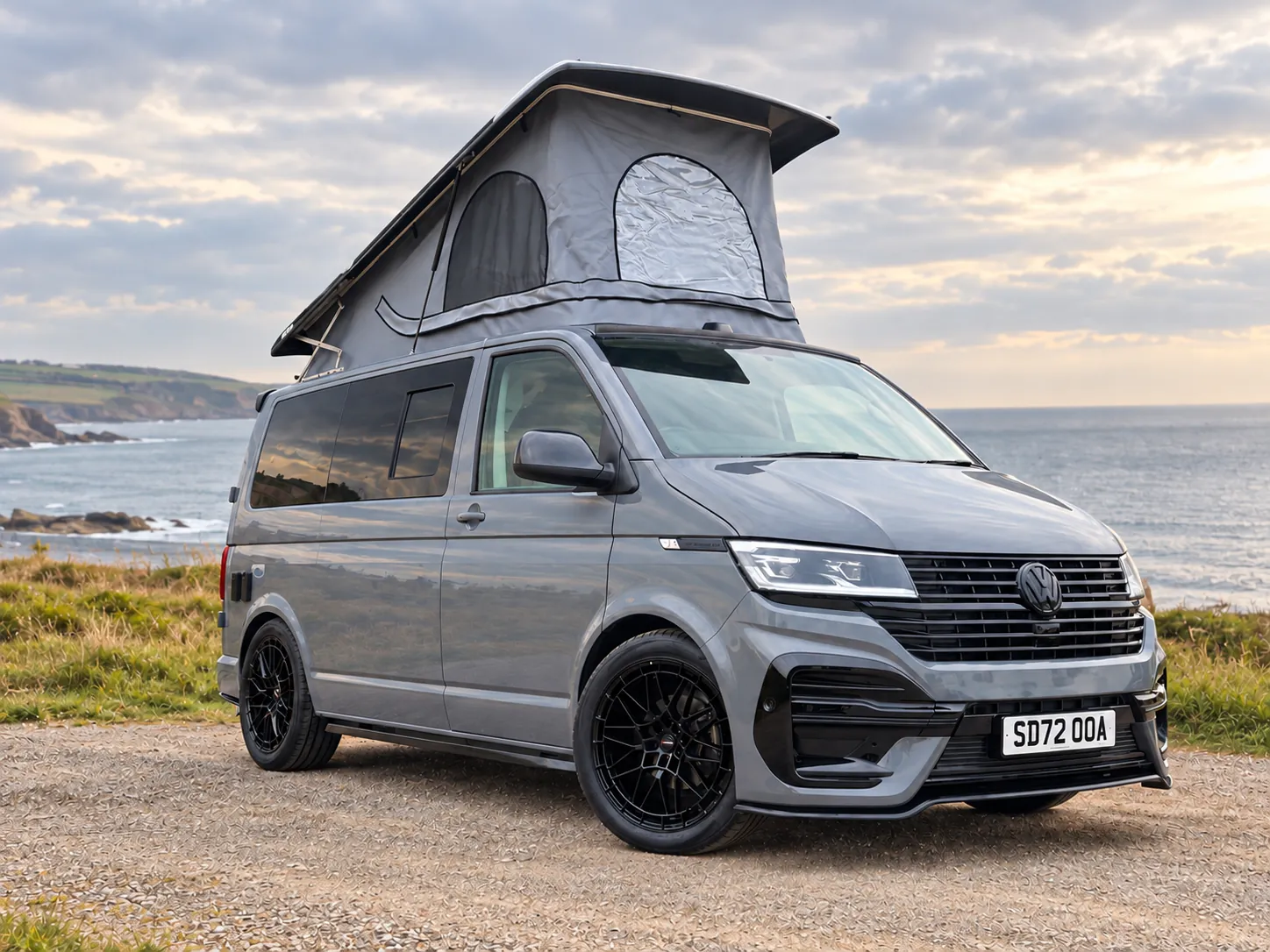 Grey Vanlord campervan in a coastal setting