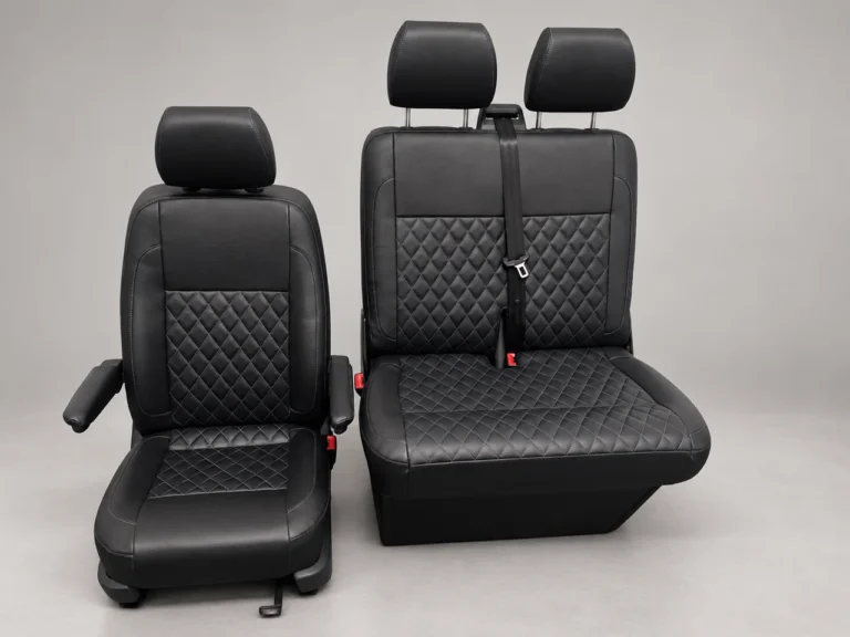 Custom black diamond stitched driver and double passenger seat set on a grey studio background
