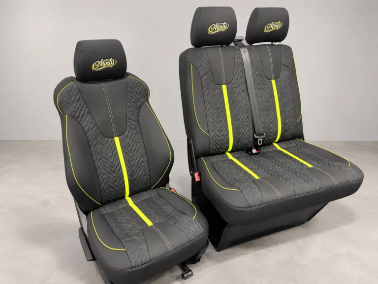 Minty Signature driver and double passenger seat set on a grey studio background